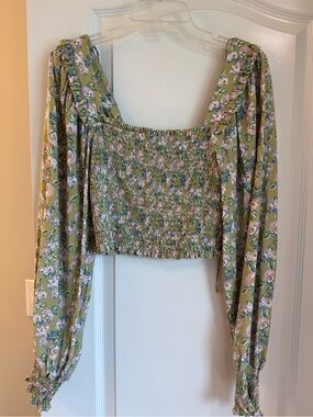 Rowie the Label Olive Green Floral Smocked Crop Top
